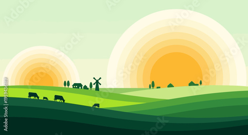 Minimalist Rural Farm Landscape with Grazing Cows and Windmill under Stylized Sunset. Flat Vector Illustration of Green Rolling Hills and Eco-Friendly Agriculture.