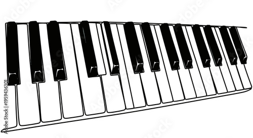 Black and white illustration of piano keys, creating a sense of sound and music
