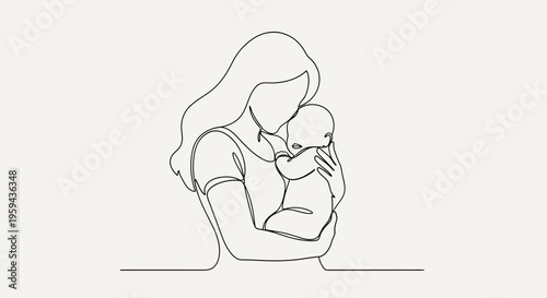 A tender single-line drawing depicts a mother embracing her baby with loving care