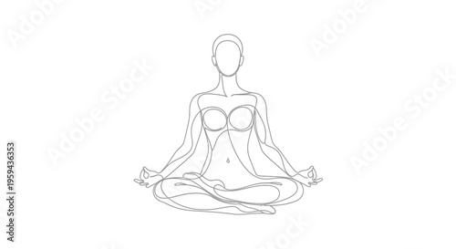 Minimalist line art depicts a figure in a lotus pose, conveying serenity