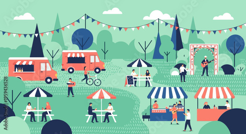 Vibrant Summer Outdoor Festival Illustration Featuring Food Trucks, Market Stalls, Picnic Tables, and Community Leisure Activities in a Park