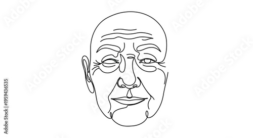A minimalist, continuous line drawing captures the likeness of an elderly, balding man's face