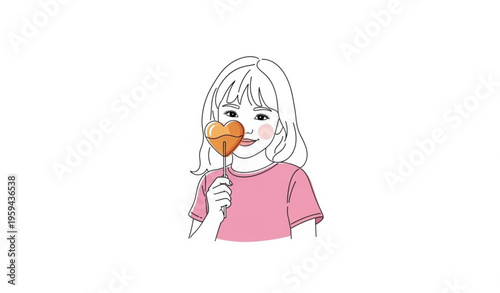 Minimal line art girl with heart lollipop vector cute child candy illustration for Valentines Day isolated on white