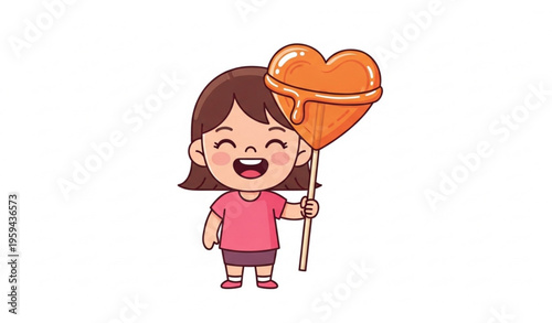 Happy little girl holding heart shaped lollipop vector illustration cute kid with candy for Valentines Day isolated on white