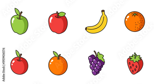 Colorful illustration of various fruits including apples, banana, oranges, grapes, and strawberry