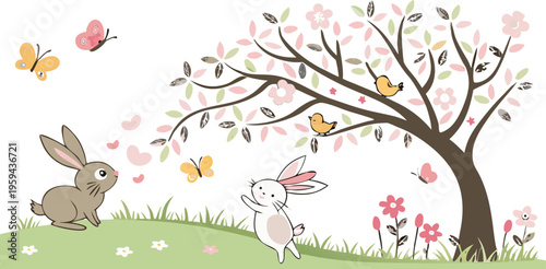 Enchanting Springtime Scene: A whimsical illustration depicts a joyful scene with playful bunnies, fluttering butterflies, and a blossoming tree, creating a cheerful atmosphere.