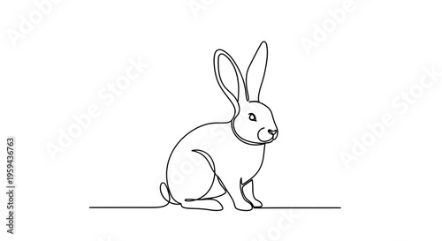 A minimalist line drawing of a rabbit sitting patiently on a white background