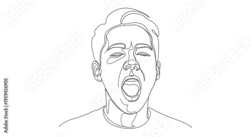 Continuous line drawing of a person with mouth open in a yawn or shout