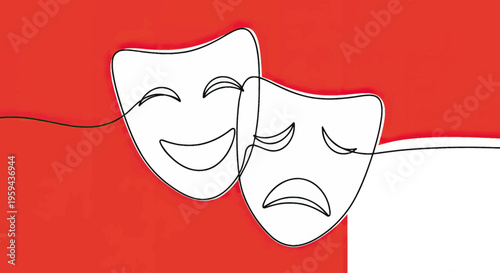 Two theatrical masks, one smiling, one sad, drawn in a single line