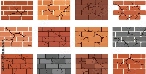 Collection of various cracked brick wall patterns and textures for graphic design
