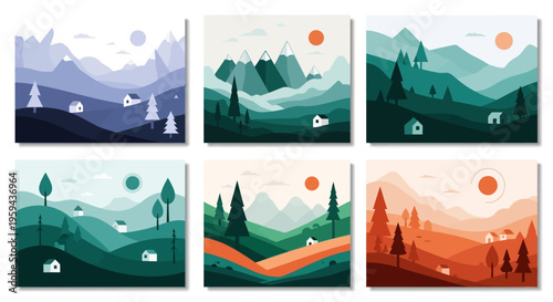 Minimalist Flat Vector Mountain Landscape Illustration Set with Pine Trees and Tiny Houses - Modern Scenery Backgrounds