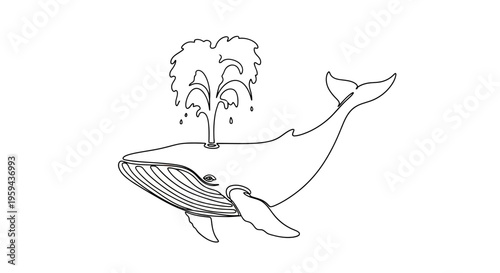 A black and white line drawing of a whale spouting water into the air
