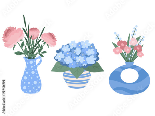 Hand drawn blue ceramic vases with flowers. Pink peonies, hydrangea bouquet and small floral arrangement. Home decor
