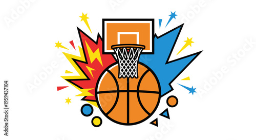 Sports Equipment Basketball Hoop and Ball Graphic with Explosive Elements