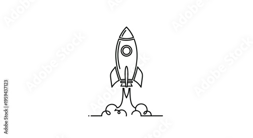 Stylized line drawing of a rocket ascending with a trail of smoke