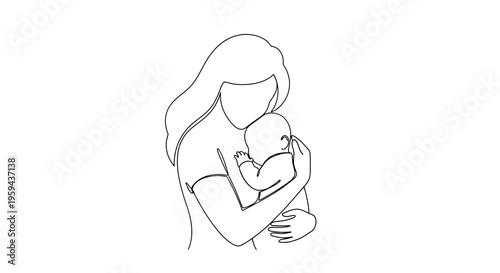 Tender single-line drawing of a mother embracing her baby