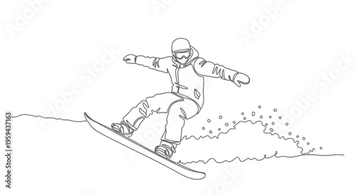 Line art illustration of a snowboarder in action, kicking up snow