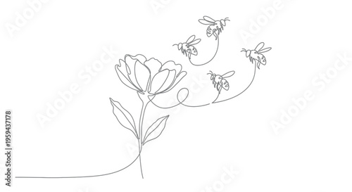 Minimalist line drawing of a flower with bees