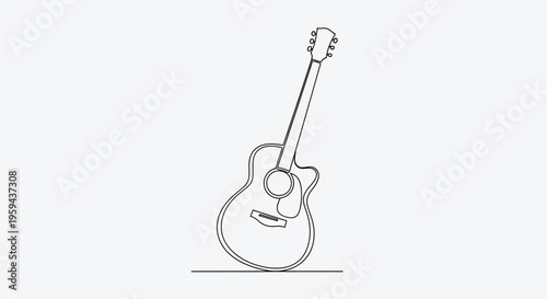 A minimalist black and white line drawing of an acoustic guitar on a white background