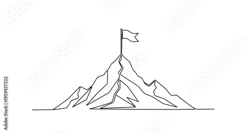 A minimalist line drawing depicts a sharp, jagged mountain peak with a flag at its summit