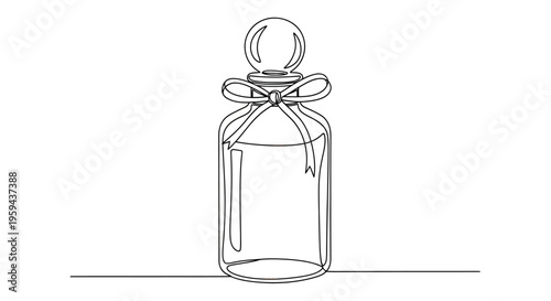 A minimalist line drawing of a bottle with a bow and round stopper