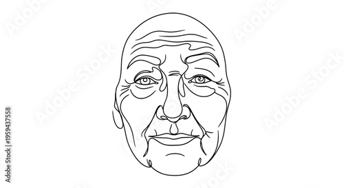 An elderly person's face depicted using a single continuous line