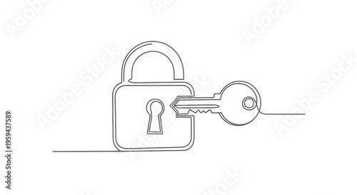 A continuous line drawing of a padlock with its key inserted in the keyhole