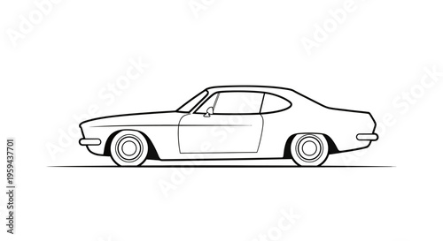 A minimalist line drawing shows the side profile of a classic coupe
