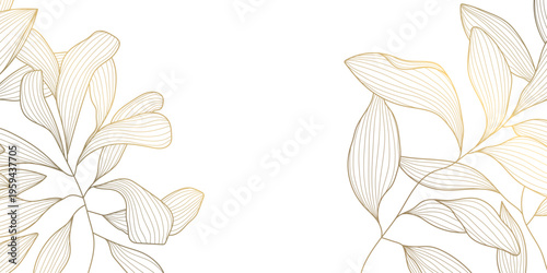Luxury gold floral pattern with elegant line leaves and flowers on white background. Vector illustration, Japanese ornament with modern art deco style, organic shapes, flowing lines.