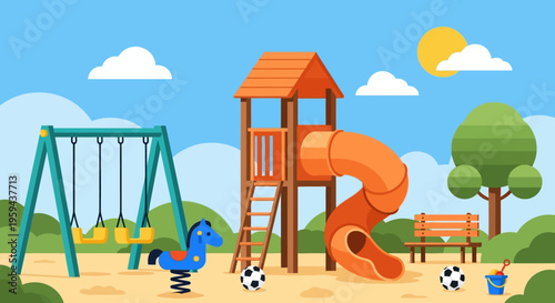 Colorful Vector Illustration of a Children's Playground Park with Slides, Swings, and Toys on a Sunny Day