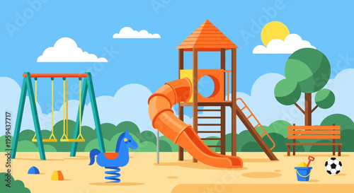 Colorful Children's Playground Vector Illustration with Slide, Swings, and Sandpit in a Sunny Park