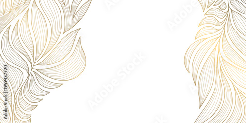 Luxury gold floral pattern with elegant line leaves and flowers on white background. Vector illustration, Japanese ornament with modern art deco style, organic shapes, flowing lines.