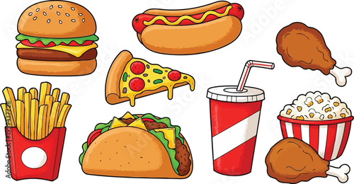 Hand drawn comic style illustration pack with vibrant appetizing morsel