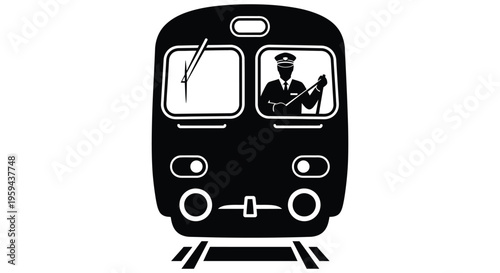 Front-view vector illustration of a classic train cab featuring the engineer operating controls on tracks
