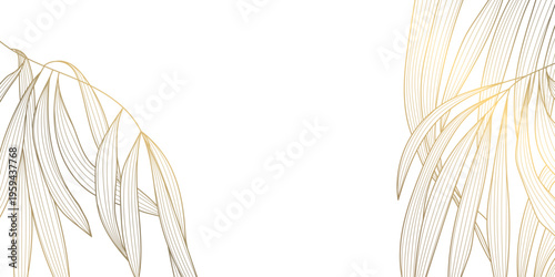 Luxury gold floral pattern with elegant line leaves and flowers on white background. Vector illustration, Japanese ornament with modern art deco style, organic shapes, flowing lines.