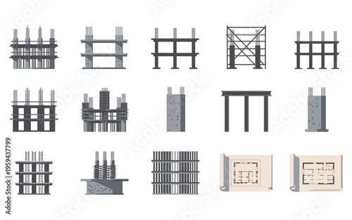 Set of reinforced concrete rebar frameworks and structural icons.