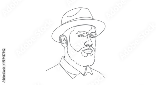 Minimalist line art portrait of a man wearing a fedora and beard