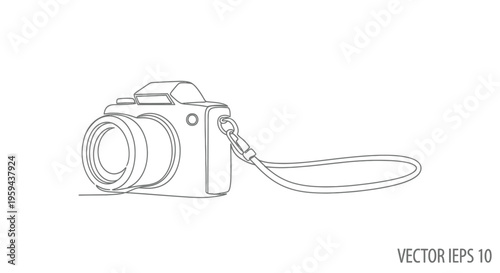Minimalist line drawing of a digital camera with a wrist strap