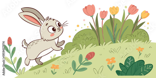 Rabbit's Garden Adventure: A cheerful bunny dashes through a vibrant garden, its eyes sparkling with curiosity and the promise of a joyful day.