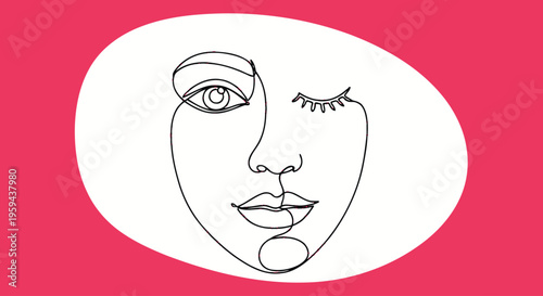 Abstract line art of a face with one eye open, winking, against pink backdrop