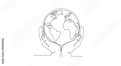 Two hands cradling the Earth in a continuous line drawing