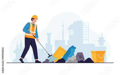 Construction worker sweeping debris with broom and bucket.
