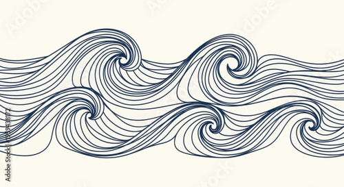 A simple, stylized depiction of rolling waves in dark blue lines on a cream background