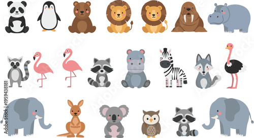 Wild Animal Set Featuring Pandas, Lions, Elephants, Flamingos, Koalas, Raccoons, and More for Safari and Jungle Illustrations