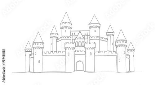Stylized grey line drawing of a medieval castle with multiple towers and turrets