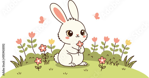 Springtime Bunny in the Garden: A sweet, cartoon-like bunny holds a delicate flower in a vibrant garden, symbolizing spring and new beginnings, against the backdrop of fluttering butterflies.