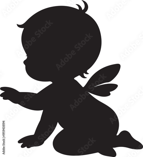 Cute baby angel silhouette crawling with wings, black cupid vector illustration isolated on white background