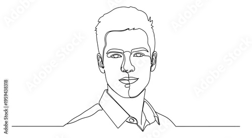 Minimalist line drawing of a young man's face and upper body