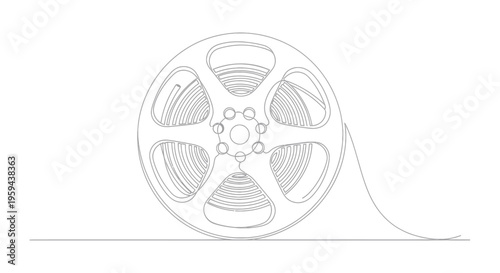 Monochromatic line art depicts a reel of film with a strand unwinding