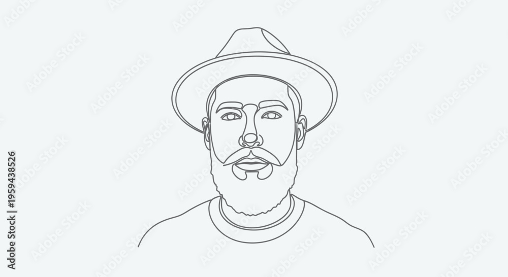 Obraz premium Minimalist line art portrait of a man with a beard and hat